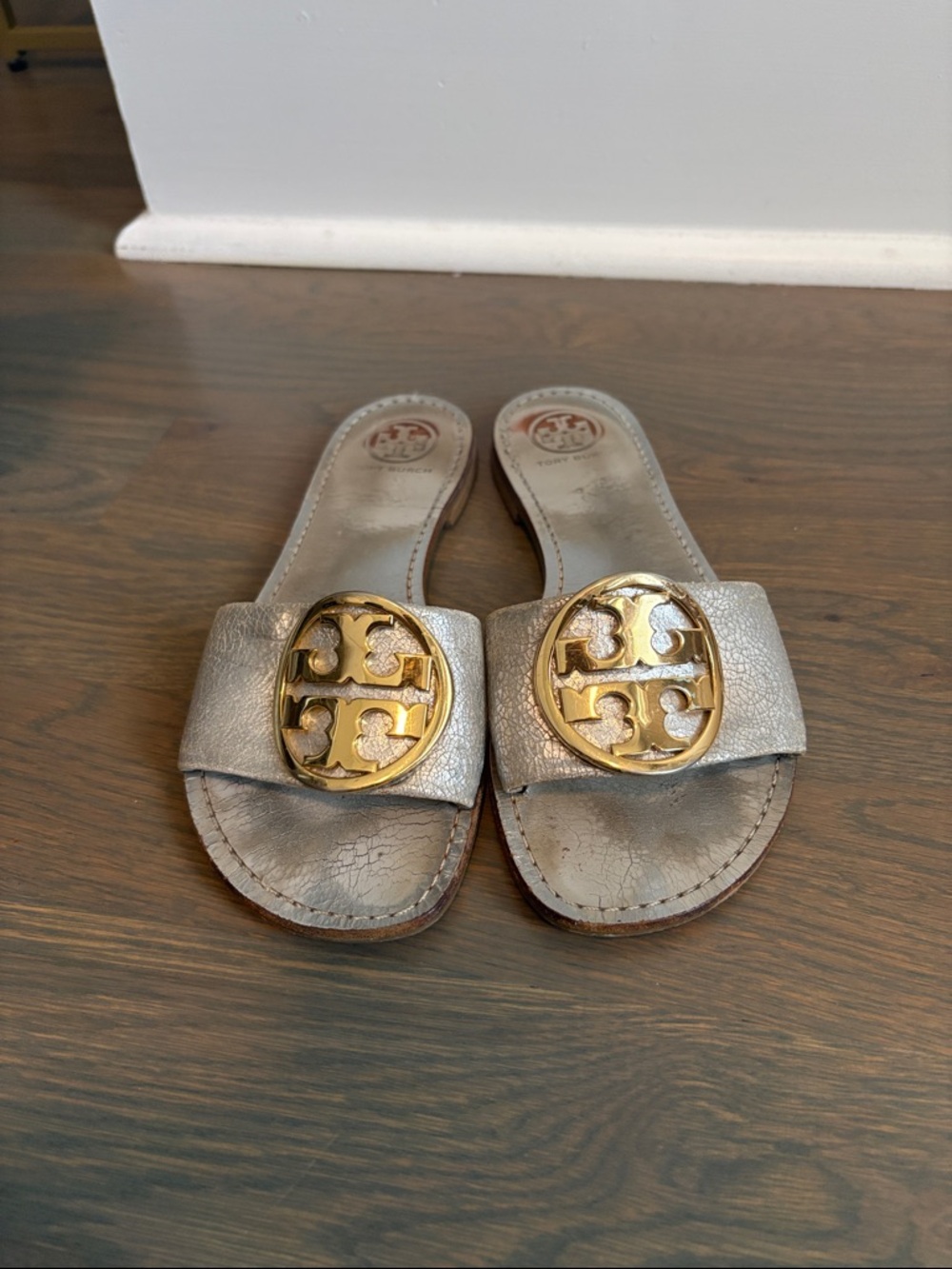 Tory Burch Metallic Silver Slide Sandals with Gold Logo Medallions